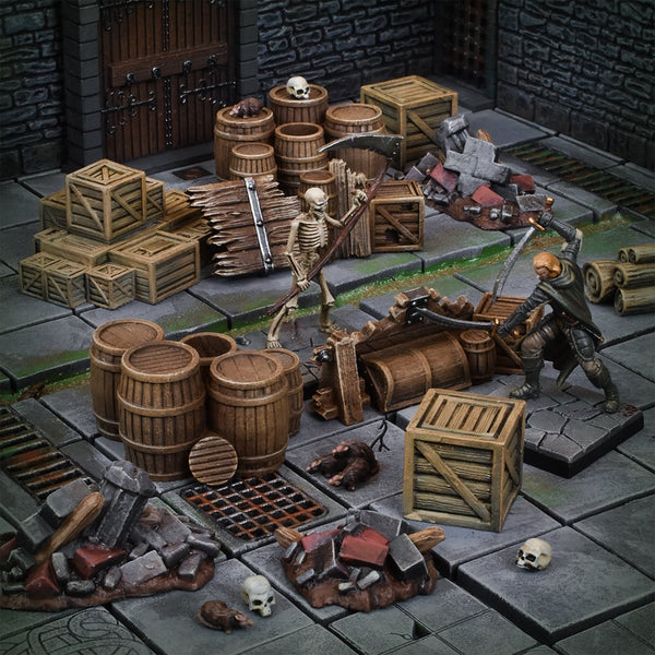 Geländekiste: Dungeon-Kisten und Fässer – Fantasy-Geländeset (28 mm–32 mm)