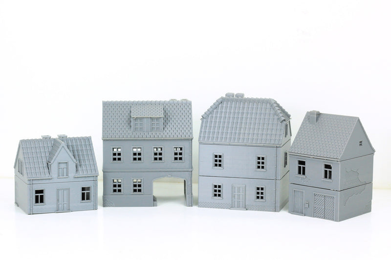 German Village Set of 4 Houses - Tabletop Wargaming Terrain - Miniature Gaming - 3D Printed