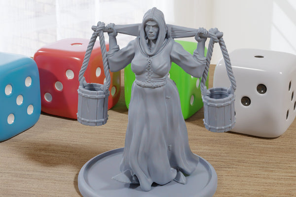 Water Carrier Female - Medieval Townsfolk / Villagers - 3D Printed Minifigures for Tabletop Role Playing Miniature Games 28mm / 32mm Scale