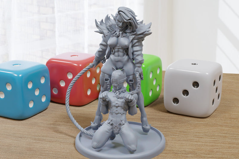 Orc Dominatrix Viki and Gimp Sexy Pin-Up - 3D Printed Minifigures for Fantasy Miniature Tabletop Games DND, Frostgrave 28mm / 32mm / 75mm