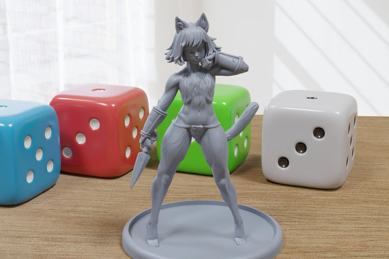 Izu Cat Girl Sexy Pin-Up - 3D Printed Minifigure for Fantasy Miniature Tabletop Games DND, Frostgrave 28mm / 32mm / 75mm