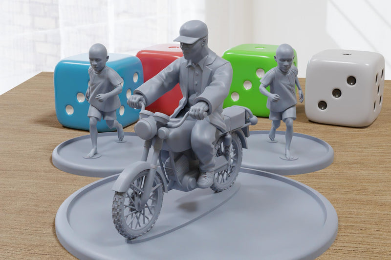 African Motorbike with Running Kids - Miniature Tabletop Wargaming - 3D Printed 28mm / 32mm Scale Minifigures