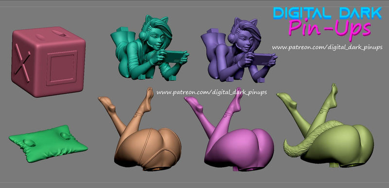 Gamer Girl with Handheld Console - Sexy Pin-Up Fan Art - 3D Printed Miniature Figure - 32mm / 75mm / 170mm Scale - Garage Kit