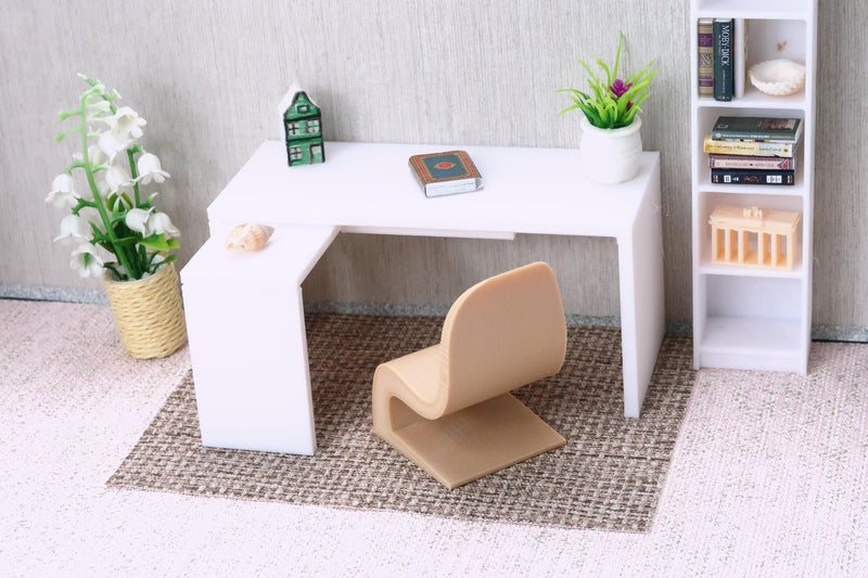 Modern Dollhouse Desk 1:12 Scale – 3D Printed Miniature Furniture, Reversible L-Shaped Design, Custom Colors Available
