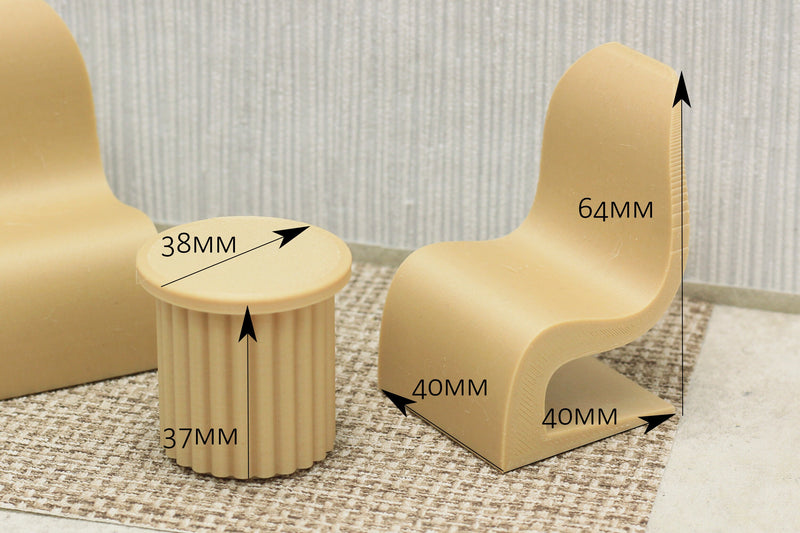 Curvy Chair Set - Dollhouse Miniature 1:12 Miniature Dollhouse Furniture - 3D Printed Wood